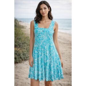 Soft Surroundings 1X Turquiose Teal White abstract Empire Waist Dress